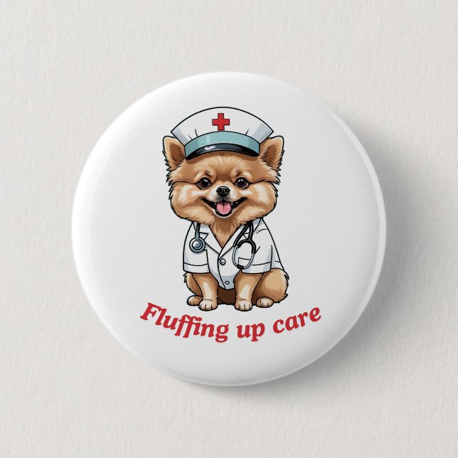 Nurse Cartoon with Pomeranian Dog Design – Button (Front)