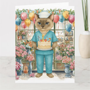 Nurse Cat Birthday Party cake flowers and balloons Card