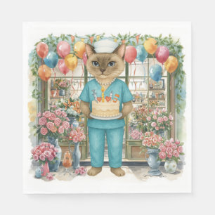 Nurse Cat Birthday Party cake flowers and balloons Napkin