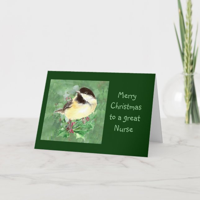 Nurse Christmas Chickadee Bird Holly Nature Holiday Card (Front)