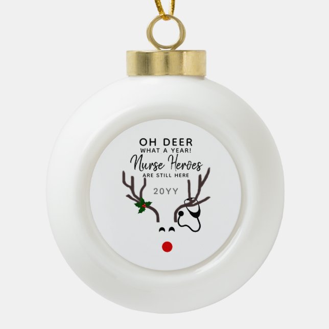 Nurse Christmas Stethoscope Reindeer Custom Ceramic Ball Christmas Ornament (Front)