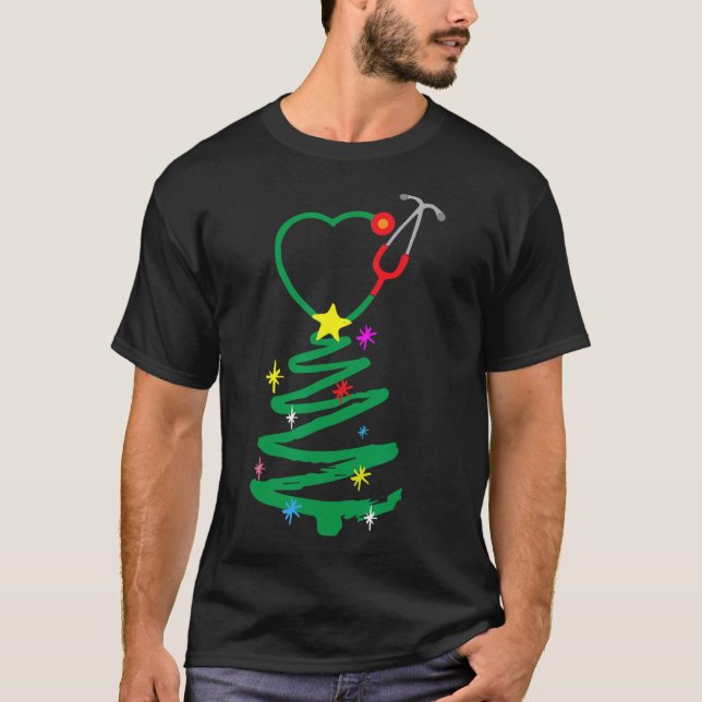 Nurse Christmas Tree Stethoscope Nurses Xmas Scrub T-Shirt (Front)