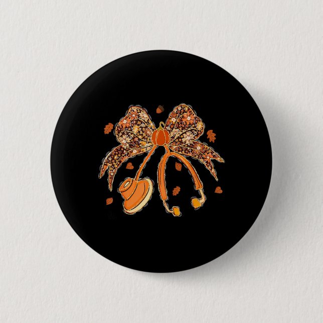 Nurse Coquette Bow Stethoscope Leaves Thanksgiving 2 Inch Round Button (Front)