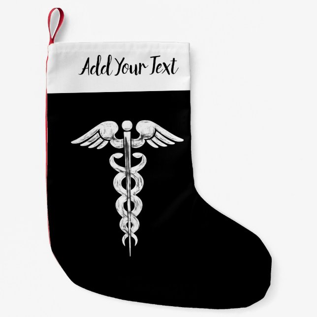 Nurse Doctor Medical Caduceus Black White Small Christmas Stocking (Front)