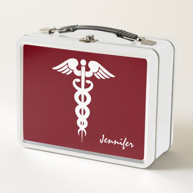 Nurse Doctor Medical Caduceus Dark Red White Metal Lunch Box (Front)