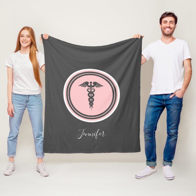 Nurse Doctor Medical Caduceus Pink Grey Name Fleece Blanket (In Situ)