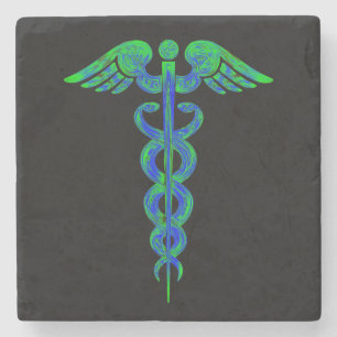 Nurse Doctor Symbol Caduceus Black Blue Medical Stone Coaster
