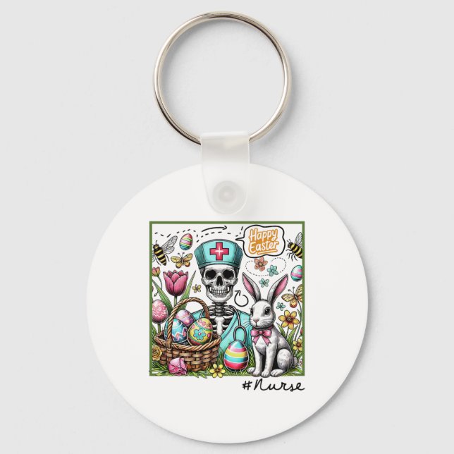 Nurse Easter Day Skeleton Cute Bunny Eggs Coquette Keychain (Front)