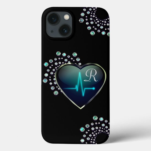 Nurse EKG heart and jewel look black blue silver Case-Mate iPhone Case (Back)