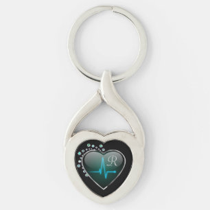 Nurse EKG  heart line jewel look black blue silver Keychain