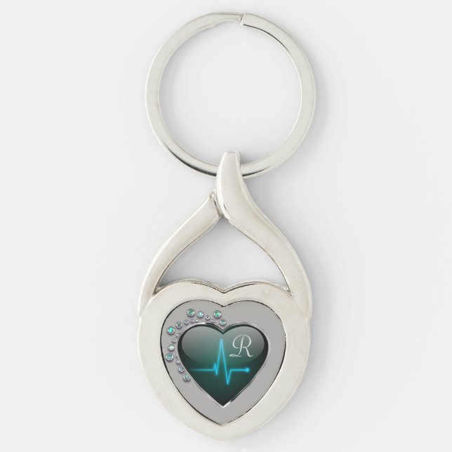 Nurse EKG line heart  jewel black silver blue Keychain (Front)