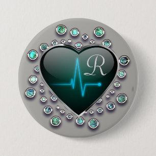 Nurse EKG line heart jewel look grey blue black 3 Inch Round Button