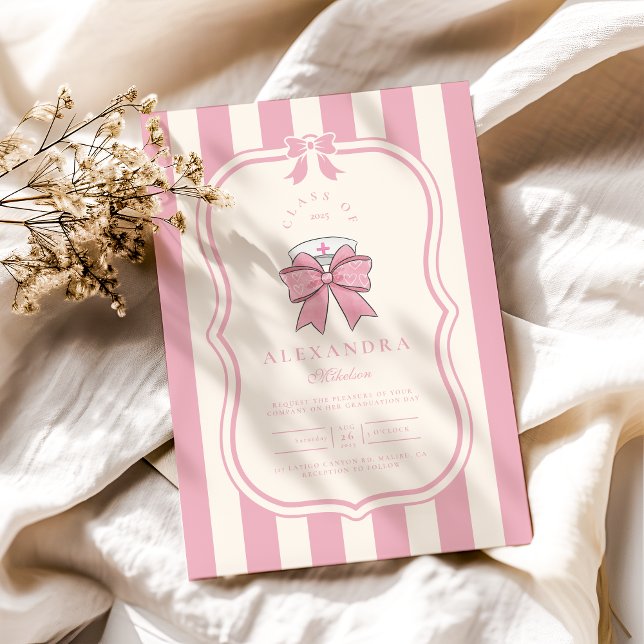 Nurse Fancy Coquette Pink Bow Graduation Invitation (Creator Uploaded)