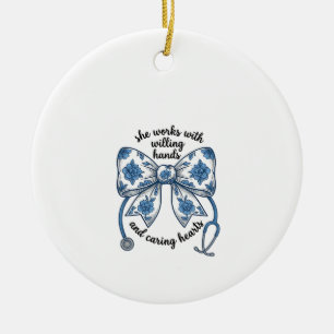 Nurse Floral Bow Stethoscope Vintage Engraving Des Ceramic Ornament
