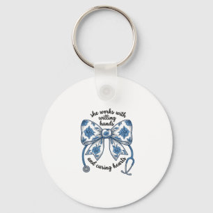 Nurse Floral Bow Stethoscope Vintage Engraving Des Keychain