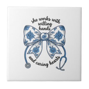 Nurse Floral Bow Stethoscope Vintage Engraving Des Tile