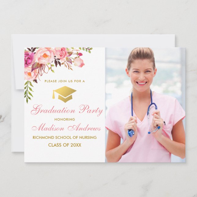 Nurse Floral Pink Grad Party Invite (Front)