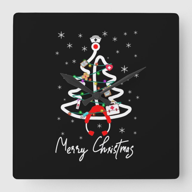Nurse Gift | Merry Christmas Xmas Tree Nurse Square Wall Clock (Front)