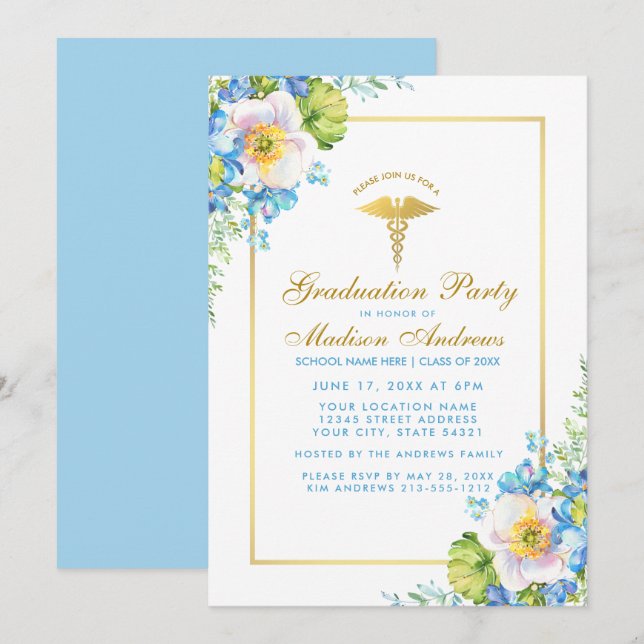 Nurse Gold Blue Floral Grad Party Invitation BG (Devant / Derrière)