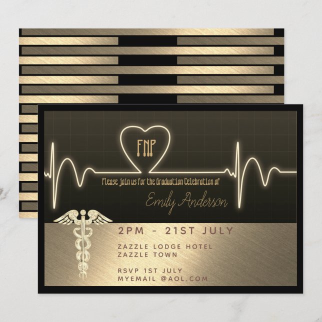 Nurse Graduate Invite FNP RN - Black Gold Metallic (Front/Back)