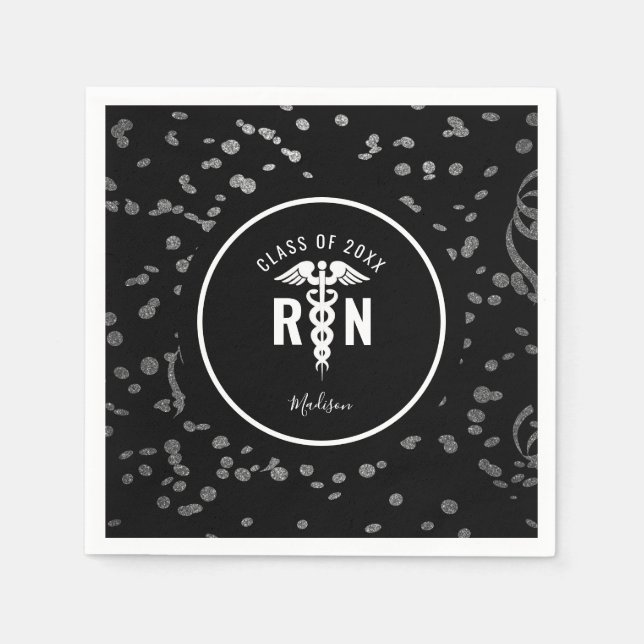 Nurse Graduate Party Black Silver Personalized Napkin (Front)
