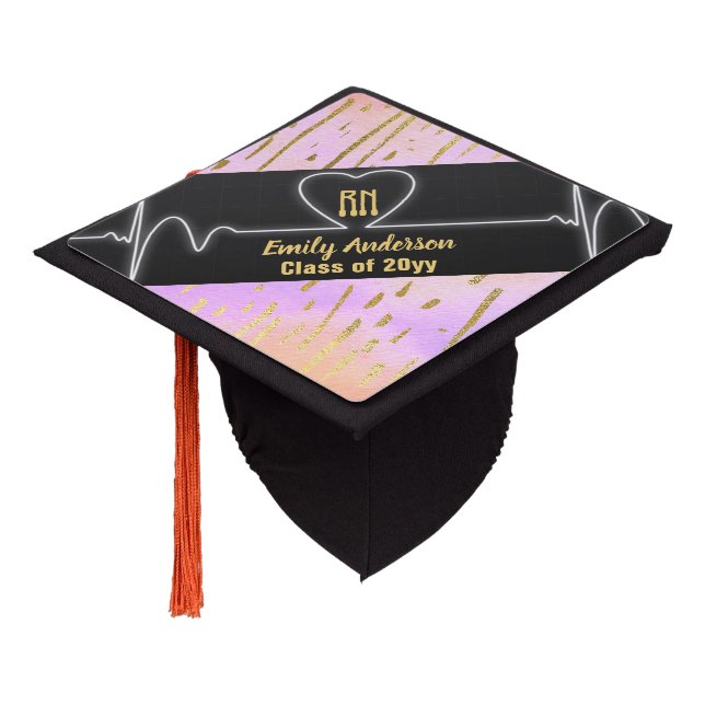 NURSE Graduate Pink Gold Glitter Personalized Fun Graduation Cap Topper (Angled)