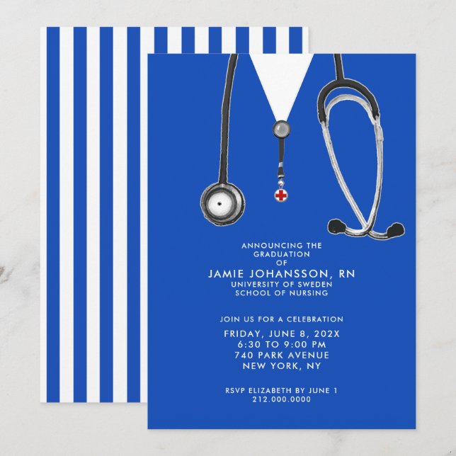 Nurse Graduation Blue Party Invitations (Front/Back)