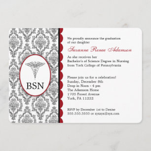 Nurse Graduation BSN RN black burgundy damask Invitation