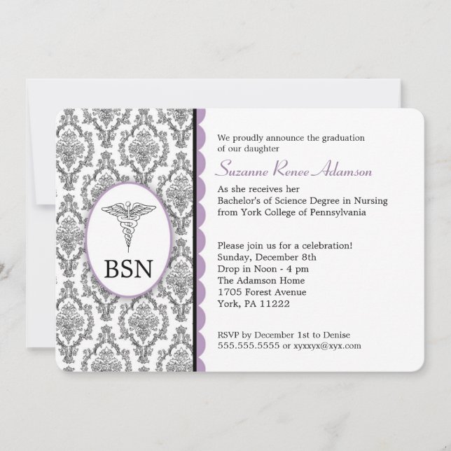 Nurse Graduation BSN RN black lavender damask Invitation (Front)