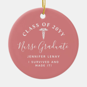 Nurse Graduation Caduceus Pink Keepsake Monogram Ceramic Ornament