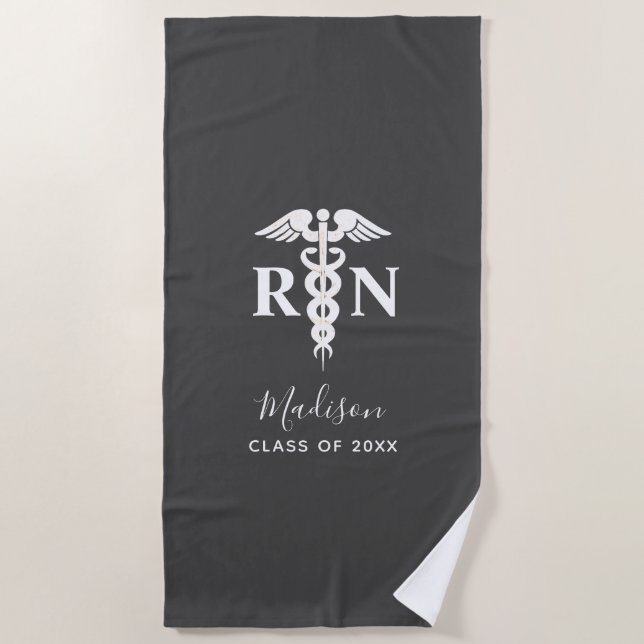 Nurse Graduation Medical Grey White Personalized Beach Towel (Front)