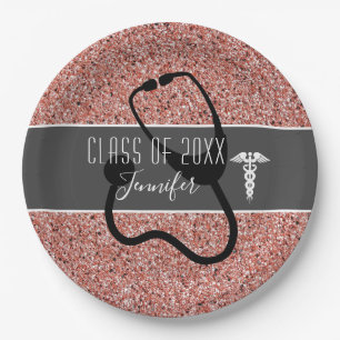 Nurse Graduation Party Caduceus Rose Gold Glitter Paper Plate