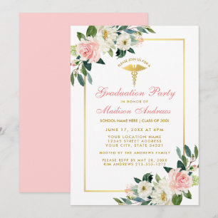 Nurse Graduation Party Pink Floral Gold Invite Pk