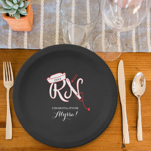 Nurse graduation party, RN chalkboard red Paper Plate