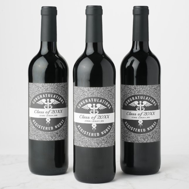 Nurse Graduation Party Silver Glitter Personalized Wine Label (Bottles)
