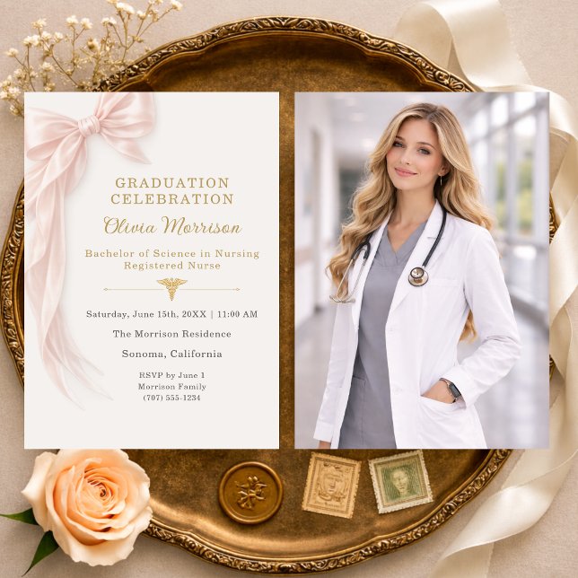 Nurse Graduation Pink Bow Photo  Invitation (Creator Uploaded)