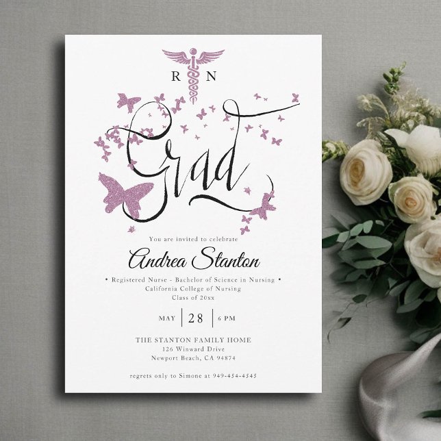 Nurse Graduation Purple Butterfly Grad Calligraphy Invitation (nurse graduation party invitation purple butterflies caduceum grad calligraphy elegant classic chic)