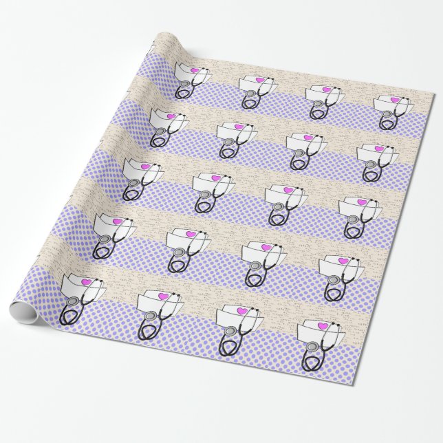 Nurse Graduation Wrapping Paper Purple Polka Dots (Unrolled)