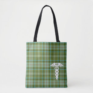 Nurse Green Plaid Medical Caduceus Tote Bag
