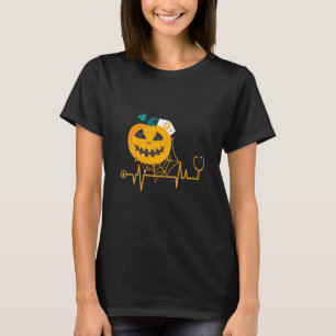 Nurse Halloween For Women With Pumpkin Heart Beat  T-Shirt