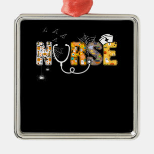 Nurse Halloween Shirt Gift With Pumpkin Boo Spider Metal Ornament