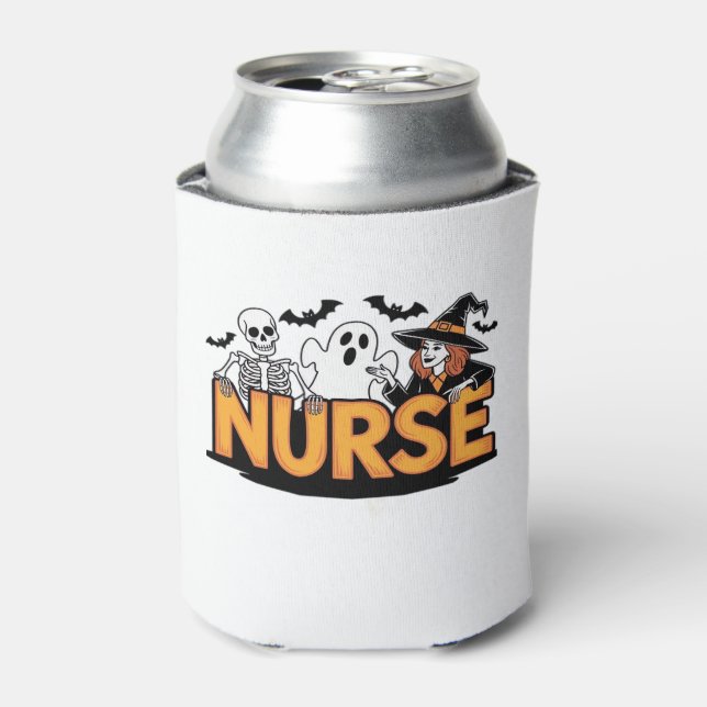 Nurse - Halloween - with ghost, witch, and skeleto Can Cooler (Can Front)