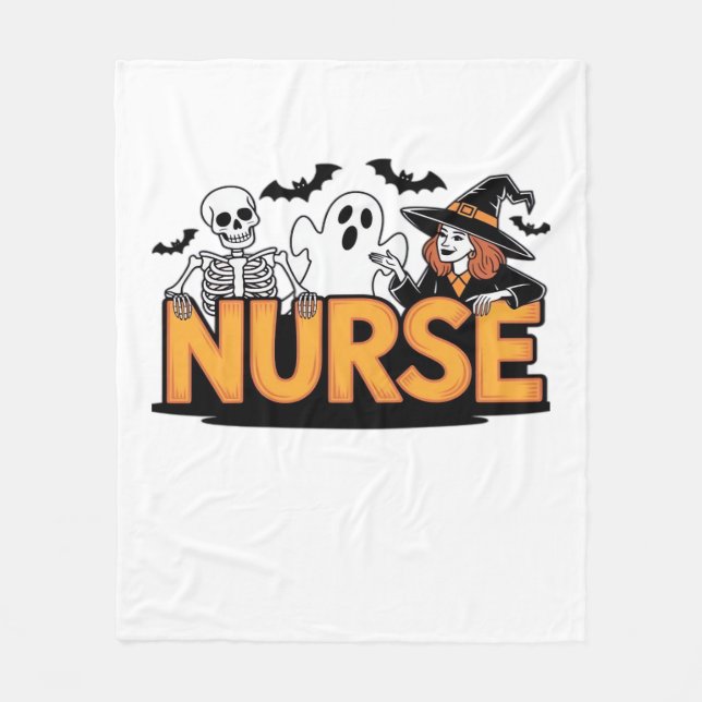 Nurse - Halloween - with ghost, witch, and skeleto Fleece Blanket (Front)