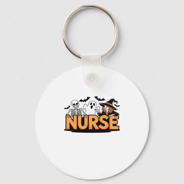 Nurse - Halloween - with ghost, witch, and skeleto Keychain (Front)