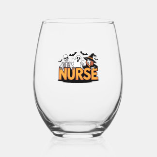 Nurse - Halloween - with ghost, witch, and skeleto Stemless Wine Glass