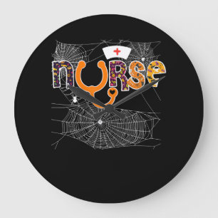 Nurse Halloween With Pumpkin Boo Spider Wicth Large Clock