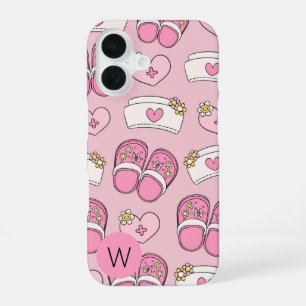 Nurse Hearts, Hats and Clogs Monogram iPhone 16 Case