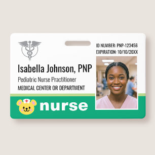 Nurse ID Badge Photo Logo Bear Green Pediatric