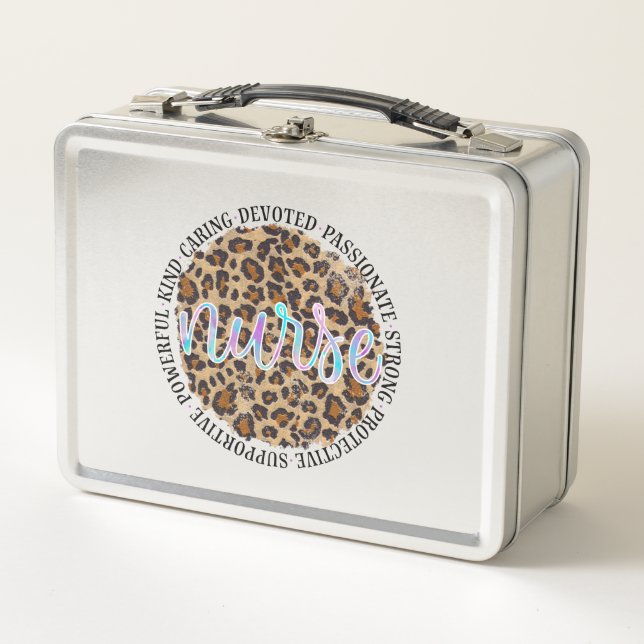 "Nurse" & Inspiring Traits - Leopard Print Metal Lunch Box (Front)