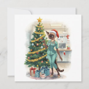 Nurse is decorating Christmas tree in hospital  Holiday Card